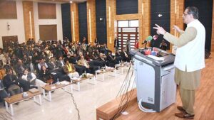 Caretaker Federal Minister for Religious Affairs and Interfaith Harmony, Aneeq Ahmed addressing a seminar on Interfaith Harmony at IQRA University H-9.