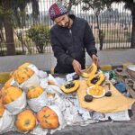 A vendor displaying fresh papayas at his setup.