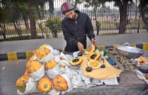 A vendor displaying fresh papayas at his setup. 