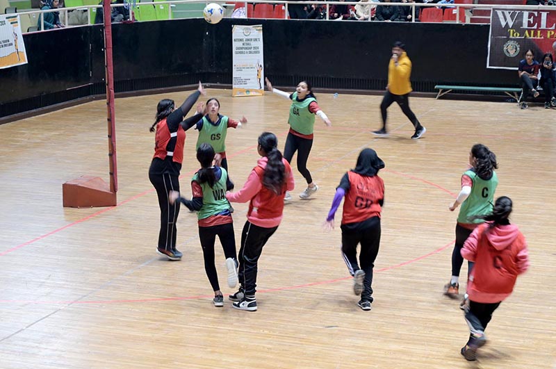 Players in action during National Inter School Girls Netball Championship organized by Pakistan Netball Federation in collaboration with Pakistan Sports Board