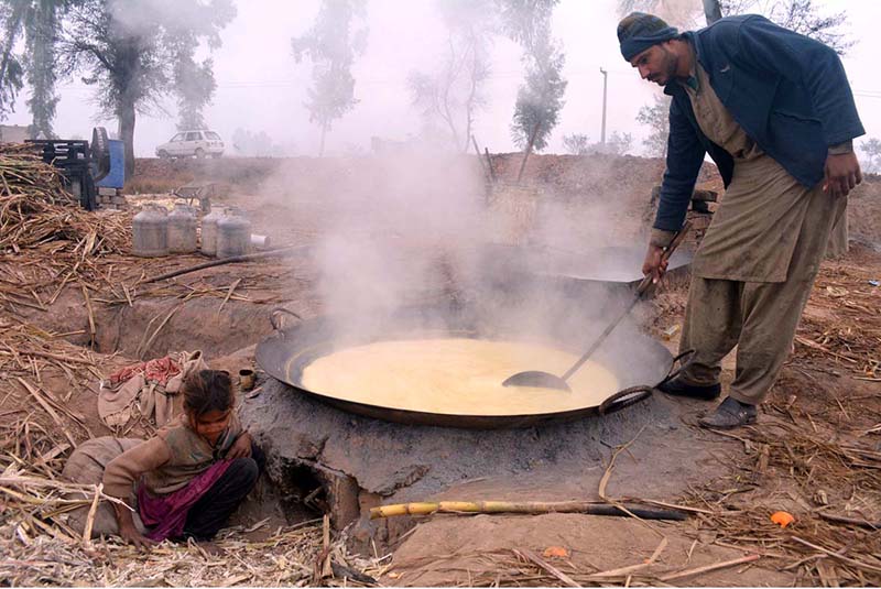 Farmer busy making traditional sweet item Gurr near Khushab Road