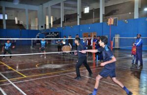 Players in action during Inter Collegiate Badminton Tournament organized by Education Board Sargodha.