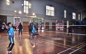 Players in action during Inter Collegiate Badminton Tournament organized by Education Board Sargodha.