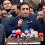 Chairman Pakistan People's Party Bilawal Bhutto Zardari talking to media persons on the occasions of participation of Ex-MNA Rana Mehmood ul Hassan and Ex-MPA Rana Tahir Shabir in PPP