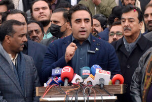 Chairman Pakistan People's Party Bilawal Bhutto Zardari talking to media persons on the occasions of participation of Ex-MNA Rana Mehmood ul Hassan and Ex-MPA Rana Tahir Shabir in PPP