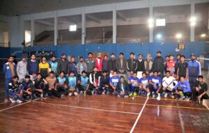 Players in action during Inter Collegiate Badminton Tournament organized by Education Board Sargodha.