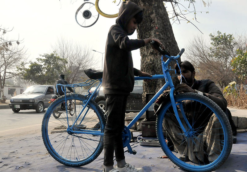 Worker repairing bicycle at his roadside workplace in the Federal Capital