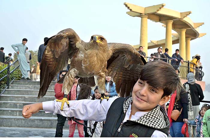 A youngster with eagle on his arm to pose for photograph at Lake View Park