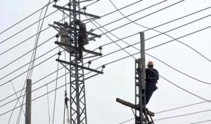 WAPDA workers busy in repairing electric wires at Naranwala Road to ensure uninterrupted power supply.