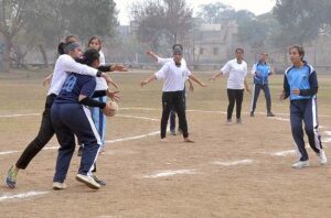 Players in action in handball match played between Multan Board and Lahore Board teams during Pakistan Inter Board Girls Handball Championship at BISE Ground.