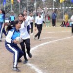 Players in action in handball match played between Multan Board and Lahore Board teams during Pakistan Inter Board Girls Handball Championship at BISE Ground.
