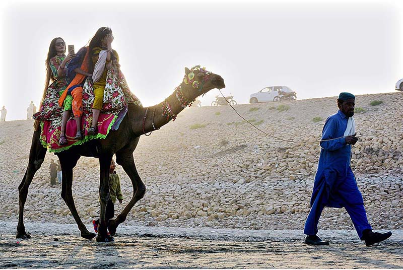 Girls enjoying camel ride at bank of River Indus