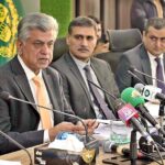 Caretaker Federal Minister for Information and Broadcasting Murtaza Solangi addressing a press conference along with the officials of Pakistan Telecommunication Authority and Federal Investigation Agency (FIA) at PTV Headquarters.