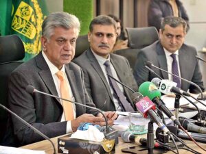 Caretaker Federal Minister for Information and Broadcasting Murtaza Solangi addressing a press conference along with the officials of Pakistan Telecommunication Authority and Federal Investigation Agency (FIA) at PTV Headquarters. 