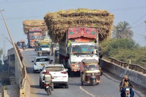 Truck holders on the way loaded with sugarcanes at flyover of Tando Yousuf