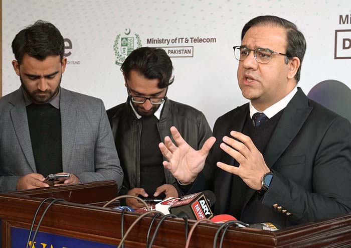 Caretaker Federal Minister for IT & Telecommunication Dr. Umar Saif talking to media after launching ceremony of Pakistan Startup Fund organized by Ignite and Ministry of IT & Telecommunication.