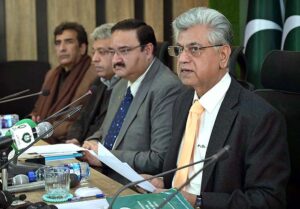 Caretaker Federal Minister for Information and Broadcasting Murtaza Solangi addressing a press conference along with the officials of Pakistan Telecommunication Authority and Federal Investigation Agency (FIA) at PTV Headquarters.