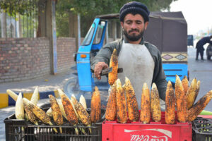 A vendor displaying the corn to attract the customers at Qasimabad