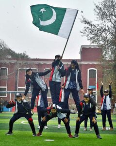 Teachers and Students participating in the Tug of War game in the annual Sports Gala during the 10 Years celebrations of The Women's University.