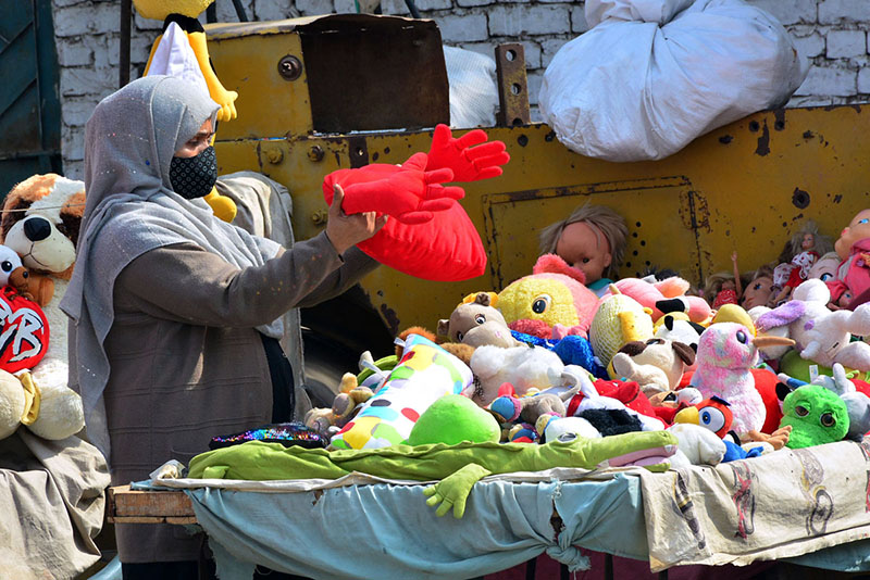 A woman selecting and purchasing cloth toys from vendor stall outside road
