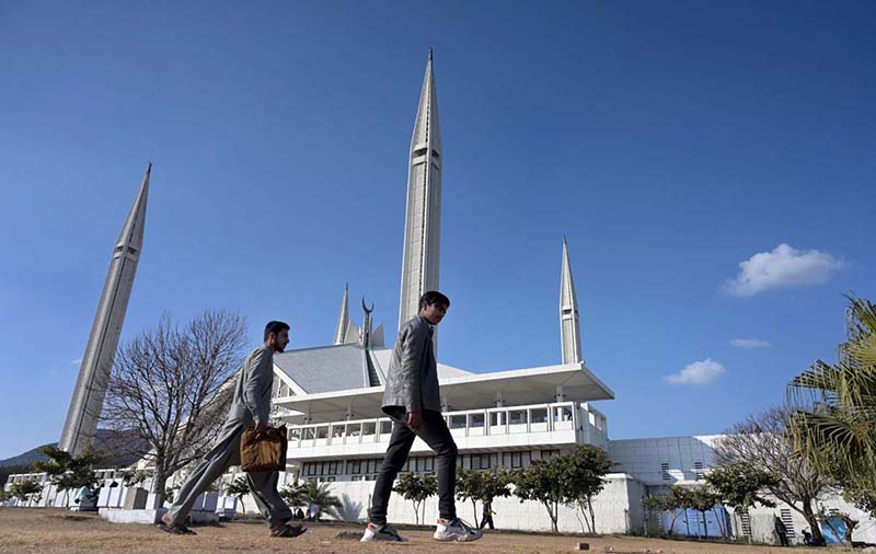 An attractive view of the famous Faisal Masjid with a clear blue sky in the background after a light shower in the Federal Capital