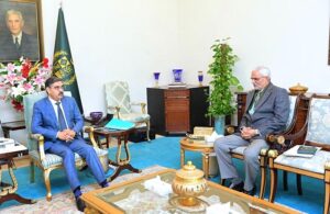 Advisor to Prime Minister on Aviation, Air Marshal (Retd) Farhat Hussain calls on Caretaker Prime Minister Anwaar-ul-Haq Kakar.