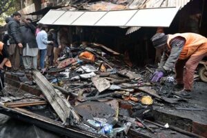 CDA workers busy in operation to extinguisher after fire at Aabpara market.