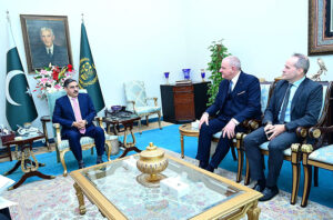 Italian Ambassador to Pakistan, Andreas Ferrarese pays a farewell call on Caretaker Prime Minister Anwaar-ul-Haq Kakar.