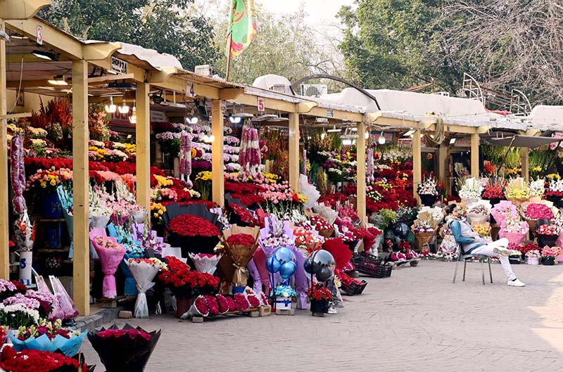 Vendors displaying flower bouquets to attract customers at F-6 Flower Market in Federal Capital