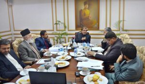 Caretaker Federal Minister for National Heritage and Culture Jamal Shah presiding over the Governing Body meeting of Iqbal Academy Pakistan at Aiwan-e-Iqbal