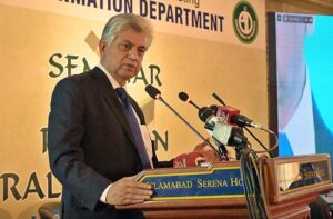 Caretaker Federal Minister for Information & Broadcasting Murtaza Solangi addressing during a seminar on "Pakistan Election 2024: The Economic Reforms Agenda of Political Parties” organize by Press Information Department. 