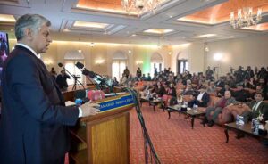 Caretaker Federal Minister for Information & Broadcasting Murtaza Solangi addressing during a seminar on "Pakistan Election 2024: The Economic Reforms Agenda of Political Parties” organize by Press Information Department.