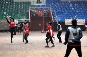 Players of KGS and PAF netball teams in action during National Inter School Girls Netball Championship Final at Liaqat Gymnasium