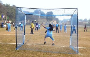 Players in action in handball match played between Mardan Board and Lahore Board teams during Pakistan Inter Board Girls Handball Championship at BISE Ground.