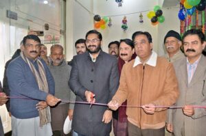 ADCR Umar Farooq, CEO Health Asad Aslam and MS DHQ Mushtaq Basheer Aqif cutting ribbon to inaugurate 5-days anti-polio campaign at DHQ Hospital