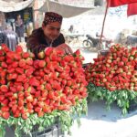 A vendor displaying the strawberry to attract the customers on his hand cart.