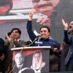 Chairman of Pakistan People's Party (PPP) Bilawal Zardari Bhutto waves his supporters during a public meeting at Liaquat Bagh