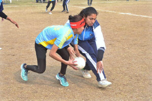Players in action in handball match played between Mardan Board and Lahore Board teams during Pakistan Inter Board Girls Handball Championship at BISE Ground.
