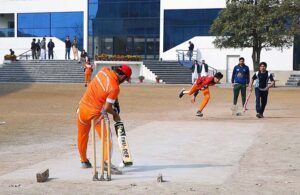 A view of cricket match between played between Peshawar and Mardan teams during Grand Sports Gala 2024 of Peshawar Model Degree Colleges.