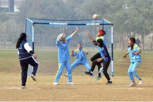Players in action in handball match played between Mardan Board and Lahore Board teams during Pakistan Inter Board Girls Handball Championship at BISE Ground.