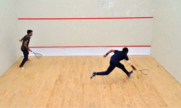 Players in action during Sargodha Squash League organized by Sargodha Division Squash Association at Squash Complex Sports Stadium.