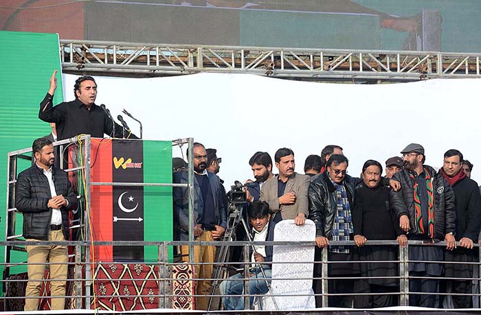 Chairman PPP Bilawal Bhutto Zardari addressing a public gathering at Hockey Stadium Tandlianwala.