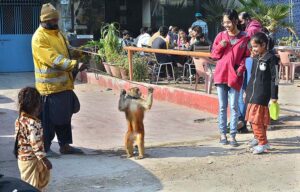 A juggler with his pet monkey showing tricks to earn for livelihood
