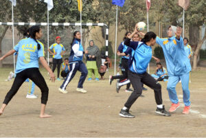 Players in action in handball match played between Mardan Board and Lahore Board teams during Pakistan Inter Board Girls Handball Championship at BISE Ground.