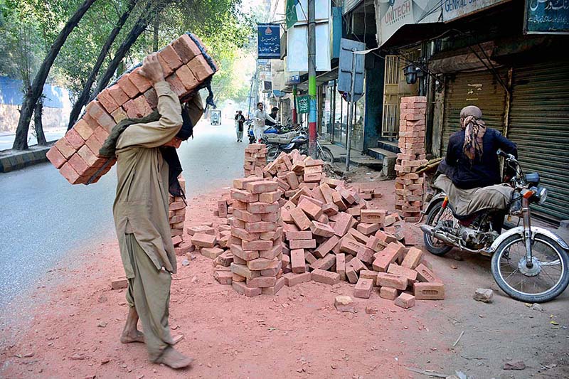 Labourer busy in shifting bricks during construction work of a house