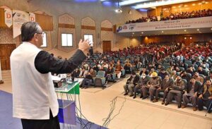 Caretaker Federal Minister of Religious Affairs & Interfaith Harmony Aneeq Ahmed addressing during a seminar on "Bridging Belief: Interfaith Harmony in Pakistan" at Dawood University of Engineering and Technology.