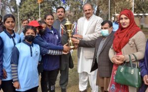 Players in action in handball match played between Mardan Board and Lahore Board teams during Pakistan Inter Board Girls Handball Championship at BISE Ground.