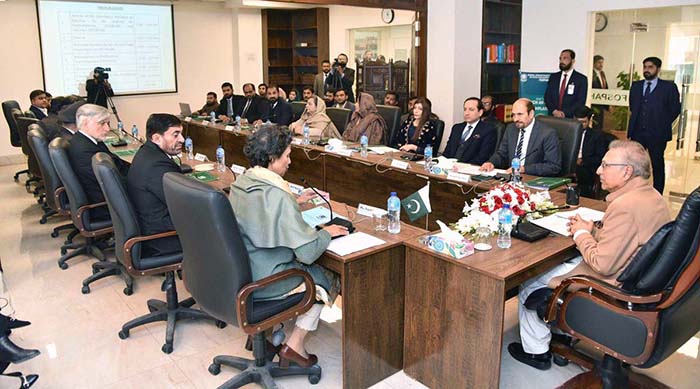 President Dr Arif Alvi chairing a meeting during his visit to the Federal Ombudsman Secretariat for Protection Against Harassment at Workplace (FOSPAH) Head Office.