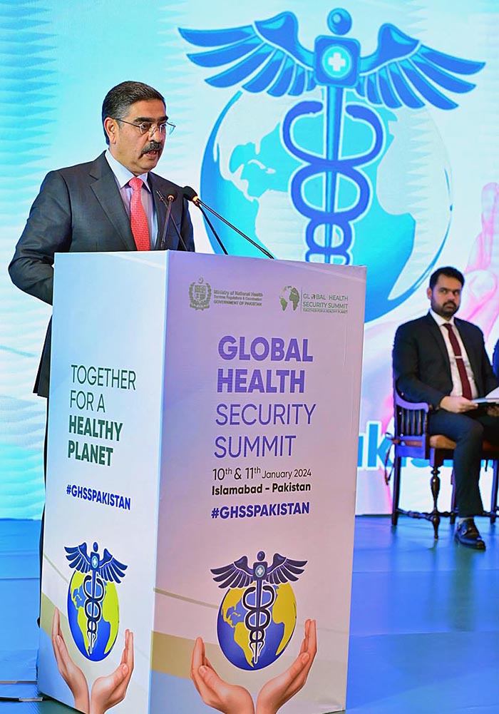 Caretaker Prime Minister Anwaar-ul-Haq Kakar addresses the Global Health Security Summit.