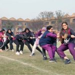 Students compete in tug-of-war competition during Sports Gala-2024 at The University of Faisalabad (TUF).